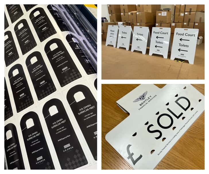 A collage of the directional signage and informational signage for HR Owen.